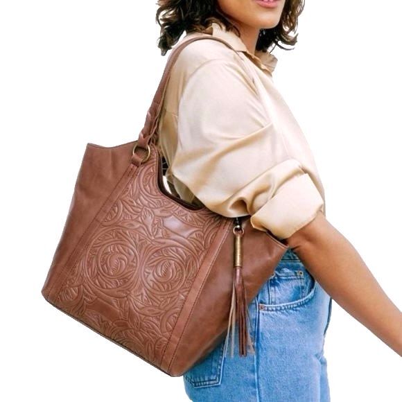 The Sak Sierra Brown Tooled Leather Shopper Tote Shoulder Bag Purse w/Tassel - Picture 16 of 16